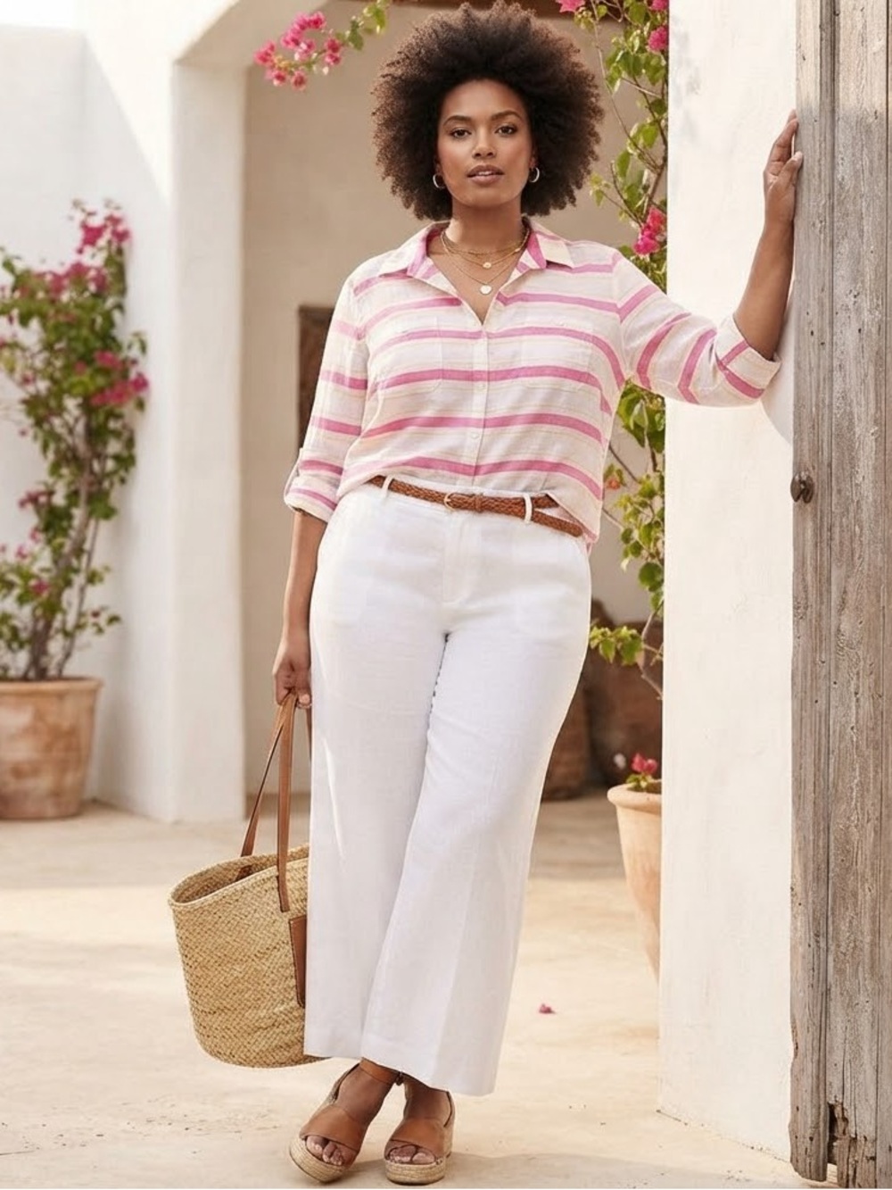 Lane Bryant Pink and White Striped linen Button Down Shirt